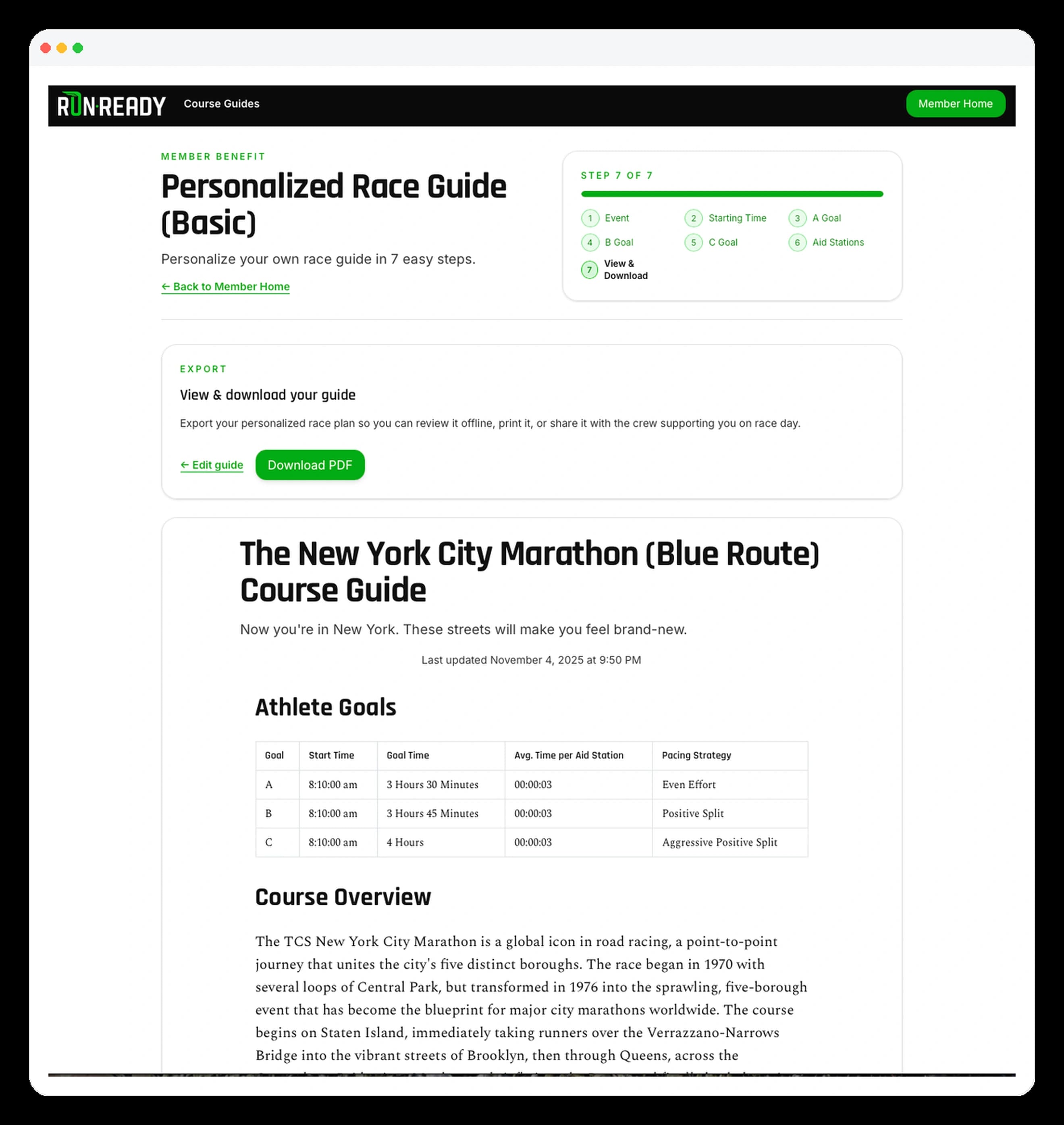 Personalized race guide screen in RunReady